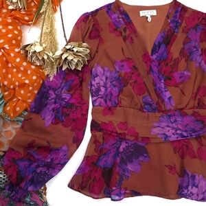 Sofia Veragara Floral Blouse in Brown Purple & Red  Sz XS 0-2
